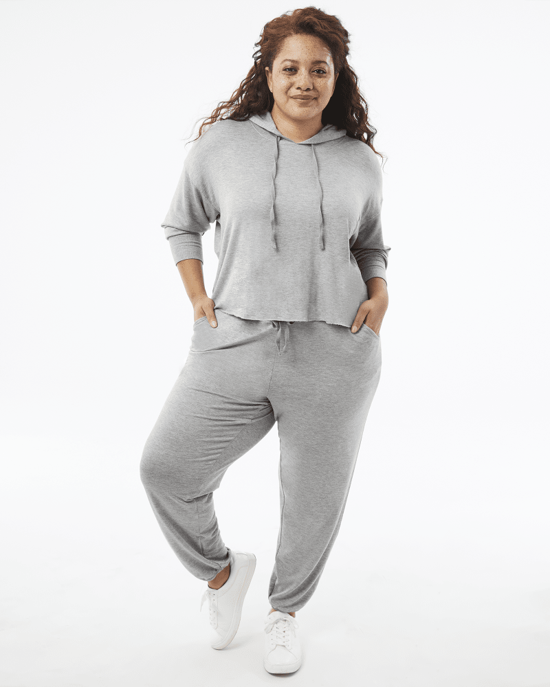 Plus size model with pear body shape wearing Emily Drawstring Jogger by Jessica Simpson | Dia&Co | dia_product_style_image_id:157531